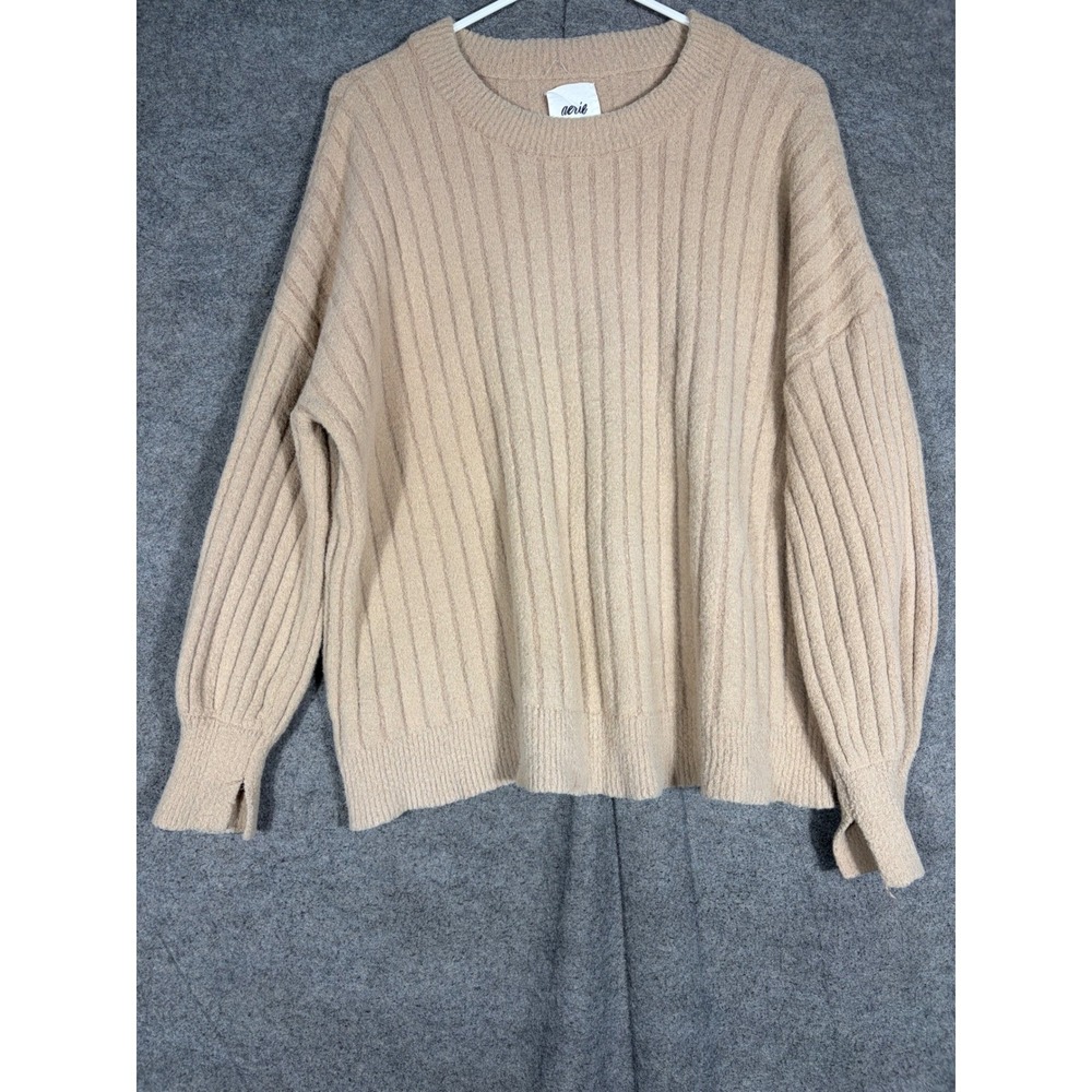 Aerie Ribbed Crewneck Sweater Tan Beige Oversized Split Cuff Small